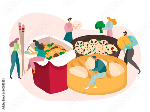 Chinese food concept  tiny people eat huge meal  lunch box delivery  vector illustration. Men and women cartoon characters with chopsticks  takeaway cafe. Asian dumplings and noodles with vegetables