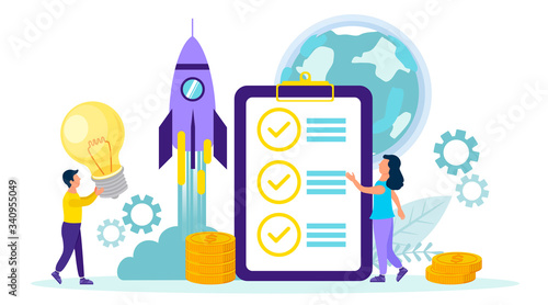 Launching a rocket is a metaphor for a startup of a new business project. The concept of a business startup for web pages, banners, presentations, social networking. People achieve success. Flat illus