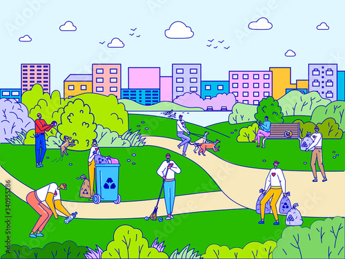 People cleaning city park, volunteers cartoon characters collecting garbage, vector illustration. Environment activists, men and women clean trash in town park, happy ecology volunteers work together
