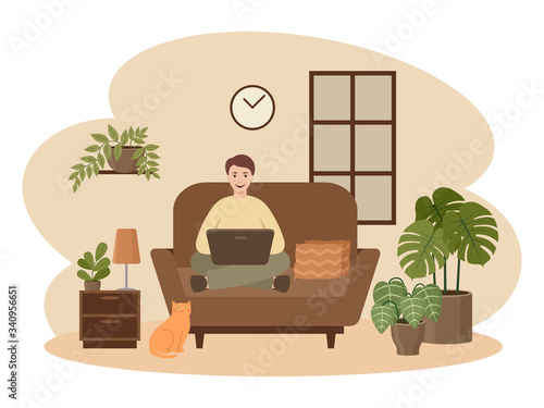 Male freelancer is working on a laptop. Distance job.Hugge