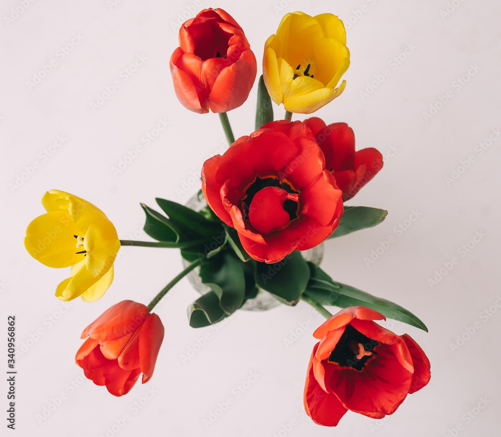 Glass vase full red and yellow tulips. Glass vase full red and yellow tulips.