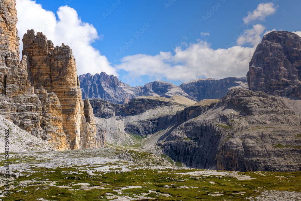 The Three peaks, also called the are three distinctive battlement-like peaks, in the Sexten Dolomites of northeastern Italy. They are probably one of the best-known mountain group