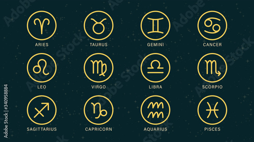 Detailed flat vector set of the zodiac horoscope signs as symbols on top of a dimmed semi-accurate star map. Feel free to use only parts of the illustration too.