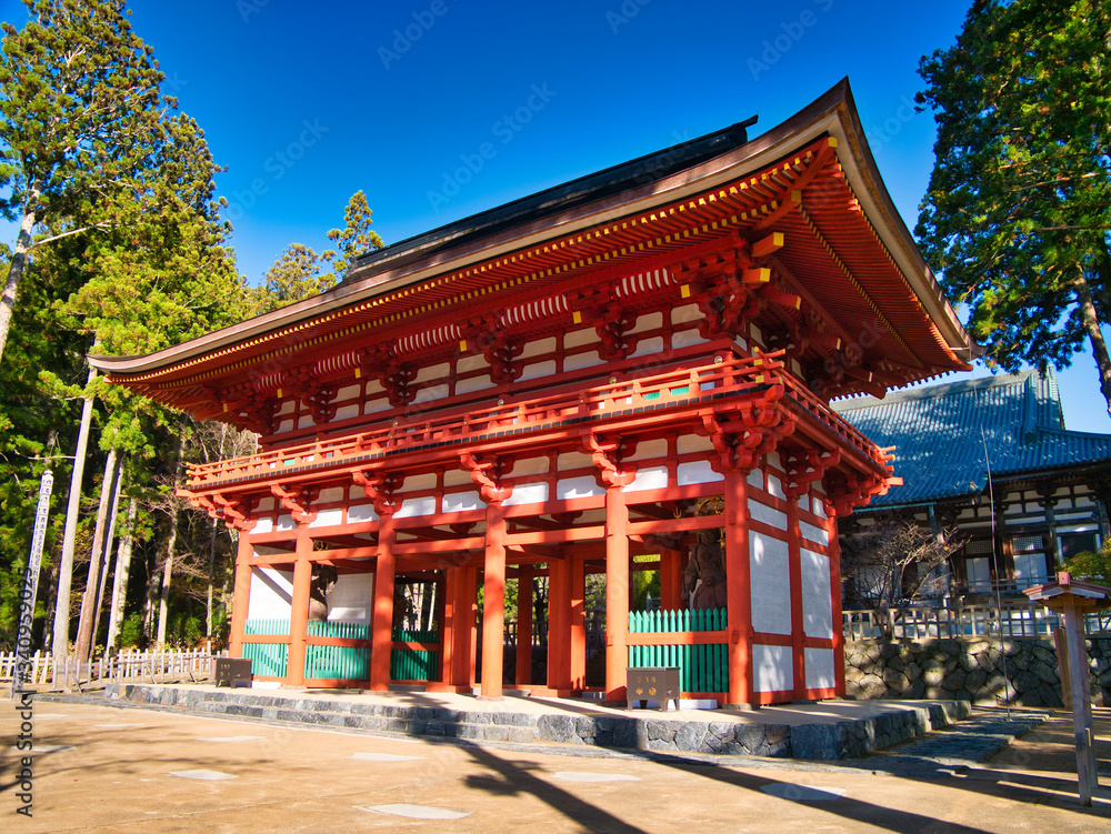 Temple buildings at Mount Koya settlement in Wakayama Prefecture to the south of Osaka - taken on a sunny day with clear, blue skies. Temple buildings at Mount Koya settlement in Wakayama Prefecture to the south of Osaka - taken on a sunny day with clear, blue skies.