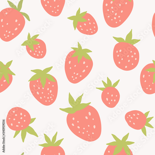 Fototapeta Naklejka Na Ścianę i Meble -  Strawberry seamless vector pattern. Flat modern background with red berries