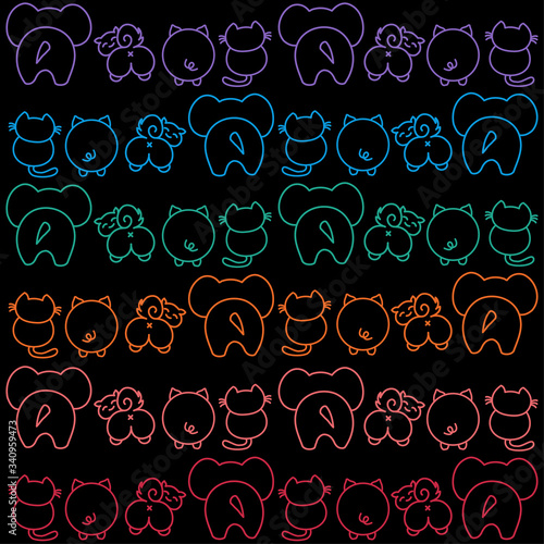 Cute animals showing their back- funny seamless animal background on black