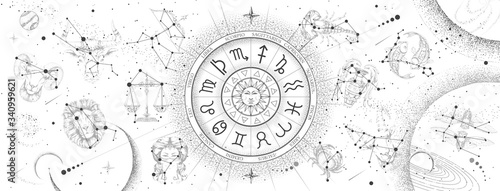 Astrology wheel with zodiac signs on constellation map background. Realistic illustration of  zodiac signs. Horoscope vector illustration photo