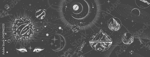 Modern magic witchcraft card with solar system, four elements and fortune teller eyes. Hand drawing occult vector illustration of water, earth, fire, air