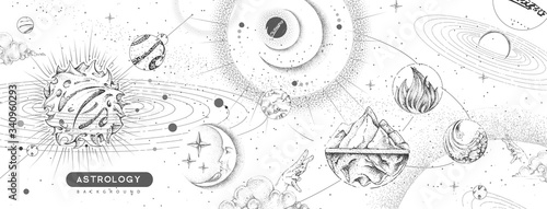 Modern magic witchcraft card with solar system, four elements and fortune teller eyes. Hand drawing occult vector illustration of water, earth, fire, air