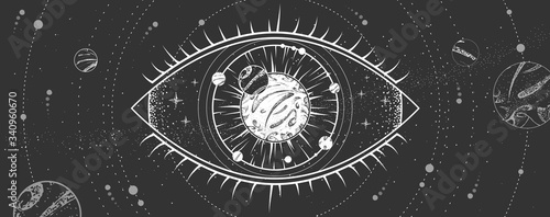 Modern magic witchcraft card with solar system and all-seeing eye. Hand drawing occult  vector illustration