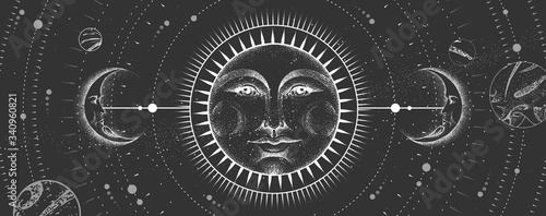 Modern magic witchcraft card with astrology sun and moon sign with human face on outer space background. Day and nignt. Realistic hand drawing vector illustration