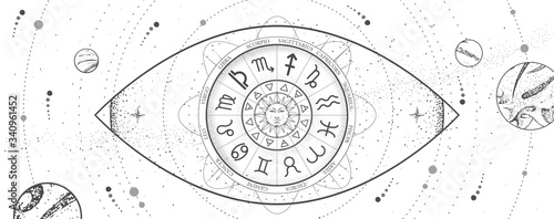 Astrology wheel with zodiac signs in all-seeing eye shape on outer space background. Star map. Horoscope vector illustration