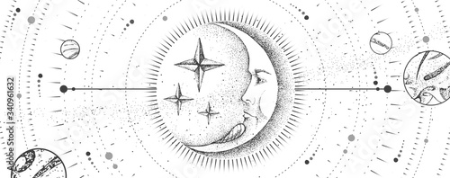 Modern magic witchcraft card with astrology moon sign with human face. Realistic hand drawing vector  illustration