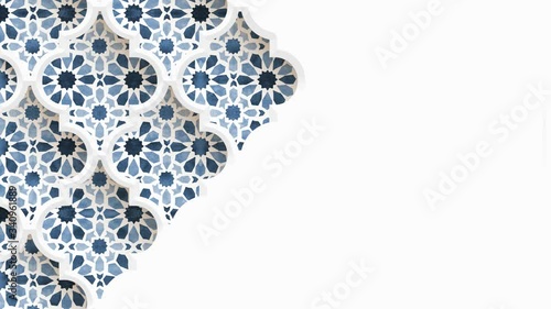 Moving traditional arabic pattern with ornamental geometric stars, arabesque through white decorative mosque window. White background. Ramadan, Eid ul Adha graphic animation, loopable Islamic design.