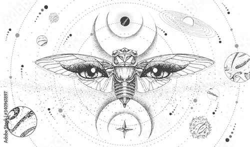 Modern magic witchcraft card with solar system,  cicada and all-seeing eye. Hand drawing occult vector illustration