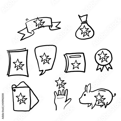 hand drawn Loyalty program line icons. Bonus card, Redeem gift and discount coupon signs. Lottery ticket, Earn reward and winner gift icons.doodle