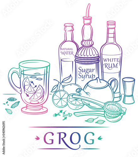 Cocktail Grog with ingredients (sugar syryp, white rum, natural water, lemon, black tea, clove, cardamom) and barman's instruments. Vector Icon for Cocktail or Bar menu