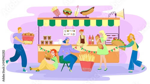 People eating street food, men and women cartoon characters in bistro, vector illustration. Unhealthy meal menu, fast snack service. Hamburger, french fries, chicken drumsticks, hot dog and taco