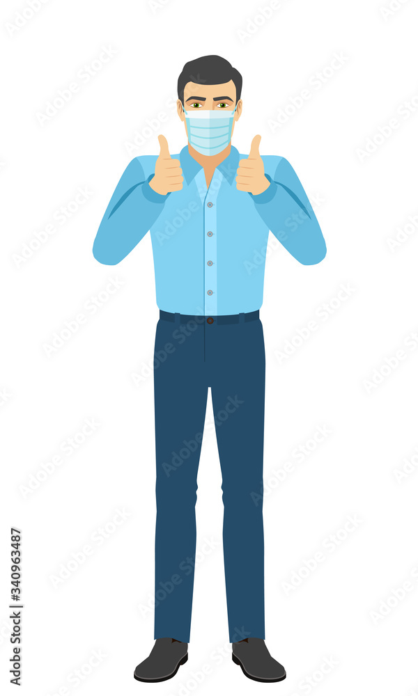 The man in medical mask with hand in pocket showing thumb up. Full length portrait of man character in a flat style. The man in medical mask with hand in pocket showing thumb up. Full length portrait of man character in a flat style.