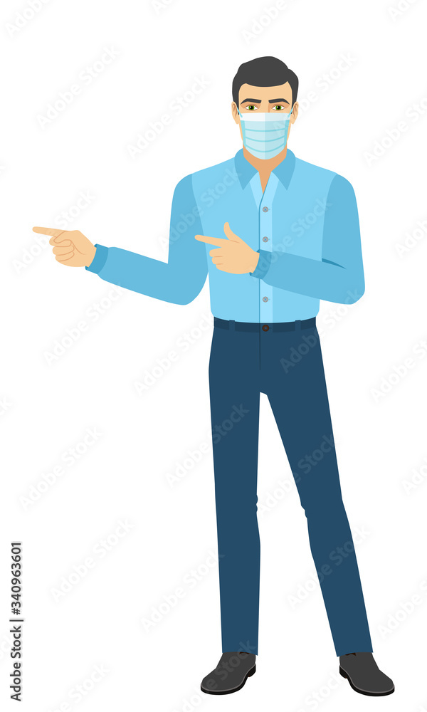 Two index fingers pointing. The man in medical mask showing somewhere. Full length portrait of man in a flat style. Two index fingers pointing. The man in medical mask showing somewhere. Full length portrait of man in a flat style.