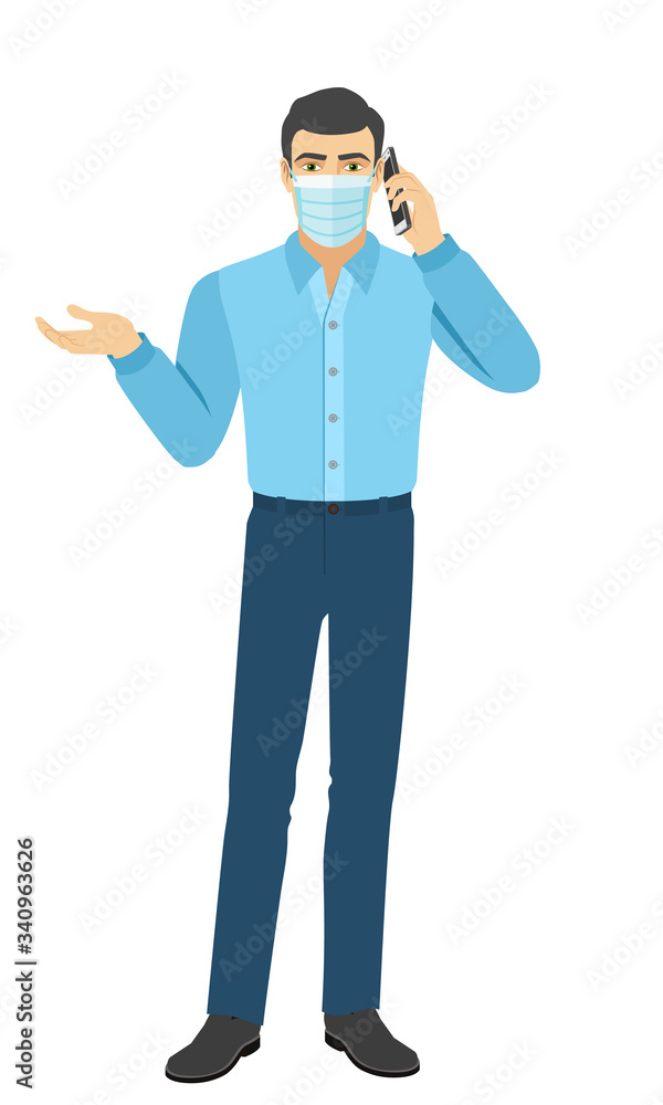 The man in medical mask gesturing and talking on the mobile phone. Full length portrait of man in a flat style. The man in medical mask gesturing and talking on the mobile phone. Full length portrait of man in a flat style.