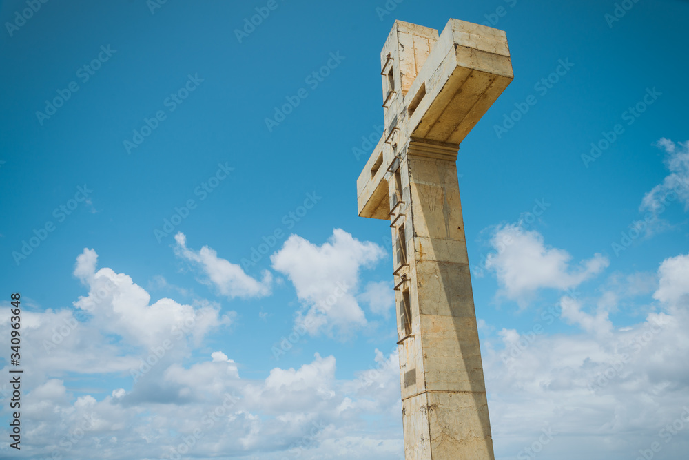 Christian cross monument from below