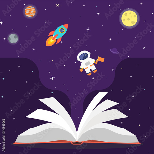Space vector background. Cartoon flat cute kids galaxy print and moon, rocket, stars, astronaut, outer space, constellations, planets. Cosmic dream creative banner with dark blue night sky, open book 