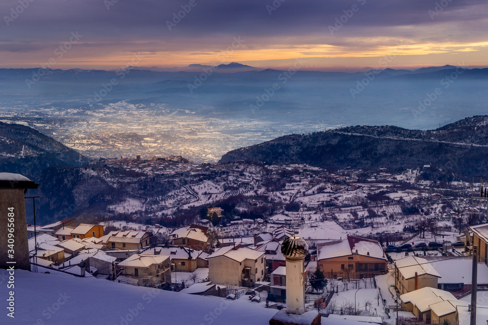 san gregorio matese mountain village with snow at sunset