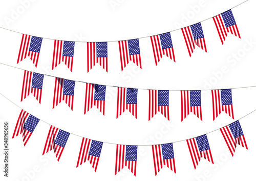 Strings of American flags decorative hanging bunting
