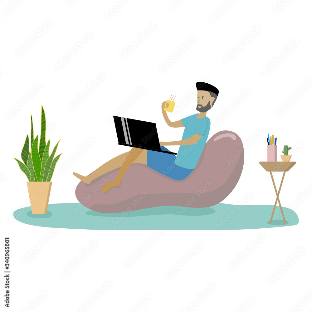 Obraz premium Young man in comfortable armchair and working on laptop at home.Cartoon Flat Vector Illustration.