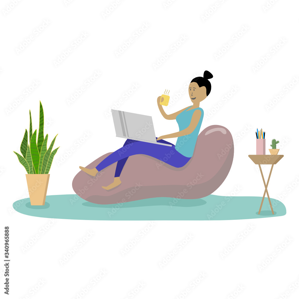 Obraz premium Young woman in comfortable armchair and working on laptop at home.Cartoon Flat Vector Illustration.