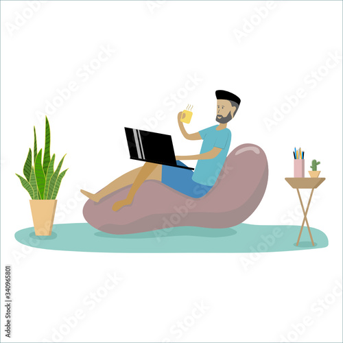 Young man in comfortable armchair and working on laptop at home.Cartoon Flat Vector Illustration. © jakkrit