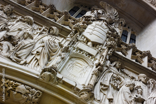 Intricate external stonework above the portico of the Supreme Court, London, Westminster, England 