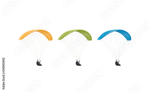Blank colored paraglider with person in harness mockup set, isolated