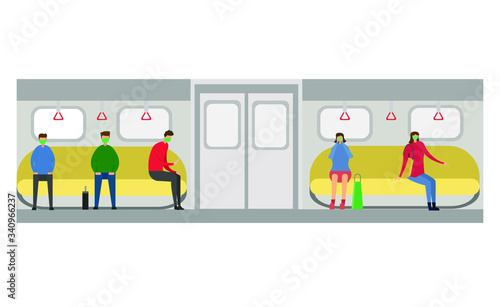 Covid-19 social distancing vector concept: Commuter sitting on train applying social distancing protocol to prevent Coronavirus spread