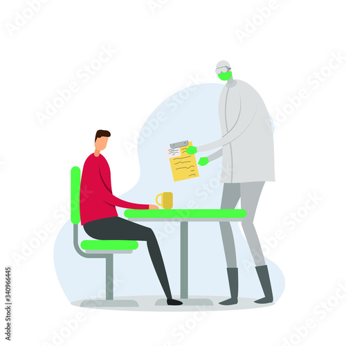 Coronavirus vector concept with a figure wearing hazmat suit while giving his/her relaxing patient his diagnostics document