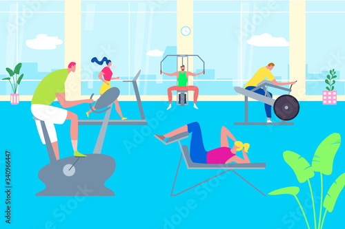 People training in gym, cartoon characters working out, active sport exercise, vector illustration. Men and women healthy lifestyle, fitness center in modern city. Athletic person in wellness club