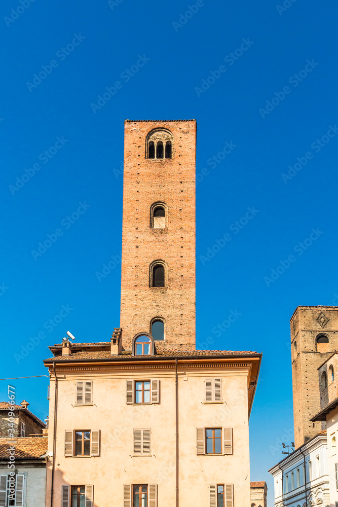 15 October 2019.  View of Sineo tower, in center of Alba, in Piedmont region, Italy