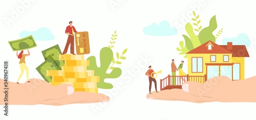 Real estate mortgage concept, tiny people buy new house, hand holding money, vector illustration. Cartoon characters, property bank loan. Agent offers residential cottage, rent agreement contract