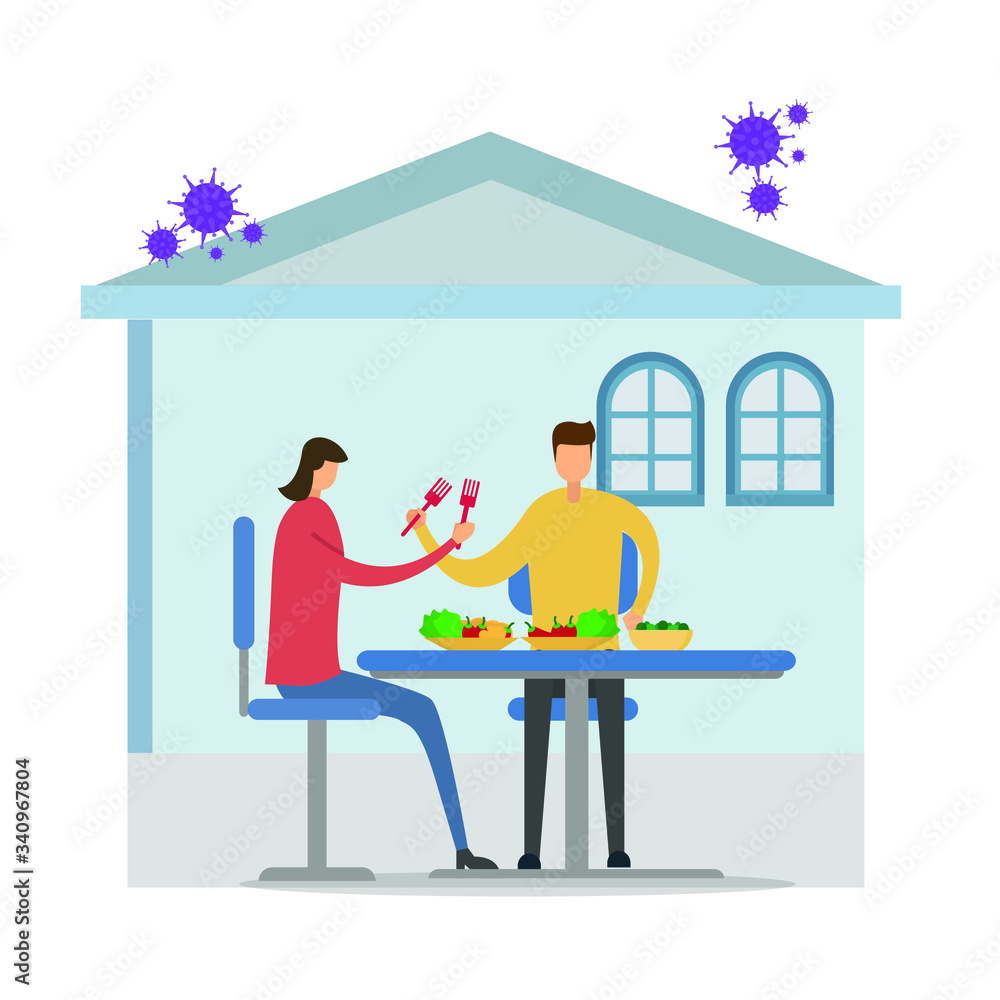 Covid-19 social distancing vector concept: self-quarantine happy couple figures having healthy food inside a house surrounded by CoronaVirus