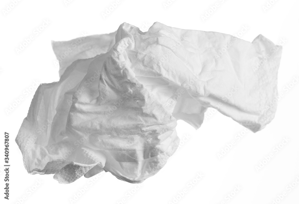 Crumpled tissue, handkerchief isolated on white background with clipping path