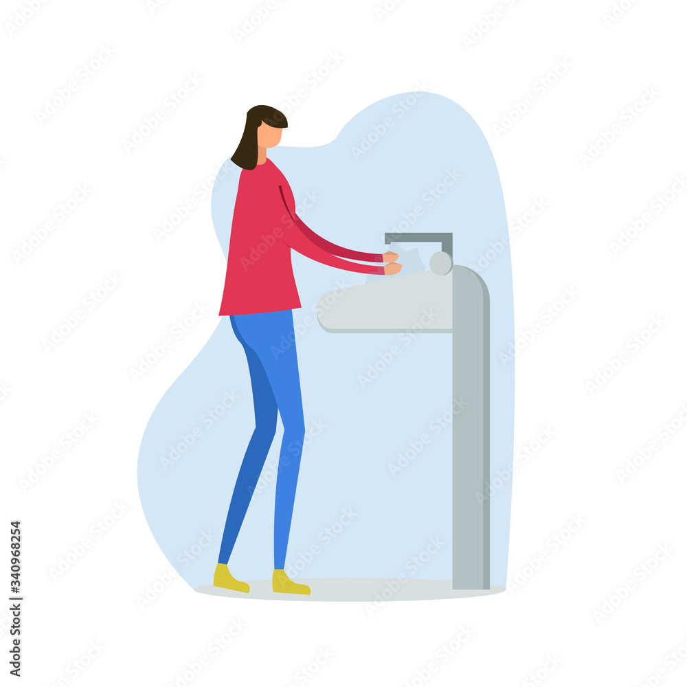 Coronavirus vector concept with female figure standing while washing her hands with a sink, isolated in white background with blue shades
