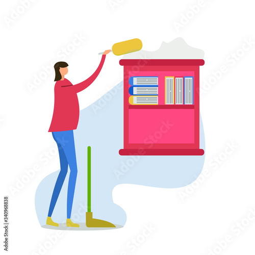 Housewife vector concept with female figure cleaning her red bookshelf by a feather duster while bringing a dustpan, isolated in white background with blue shade