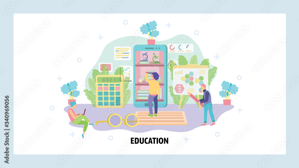 Home education and school classroom. Students in a room studying. Digital school, knowledge, virtual class. Vector web site design template. Landing page website illustration.