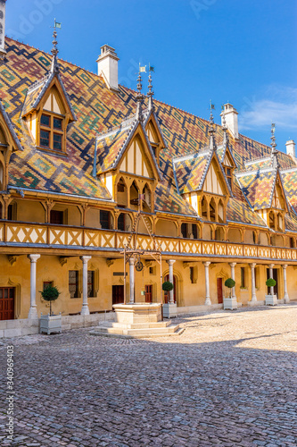 19 September 2019. Courtyard of Hotel Dieu or Hospice de Beaune, in Burgundy region, France..