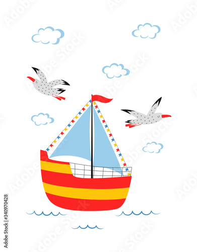 seamless pattern of cute sailboat isolated, vector illustration