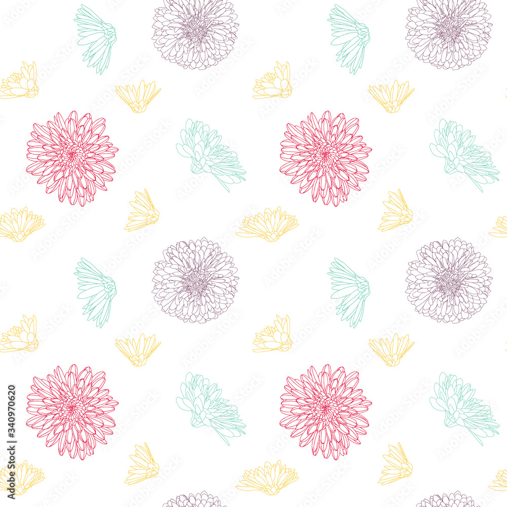 Seamless pattern with blossoming buds of aster and chrysanthemum. Color vector illustration.Contour elements are hand-drawn and isolated on dark background. Floral design of wrapping paper and textile