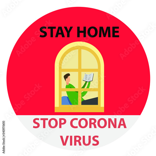 Coronavirus prevention vector icon  with male figure staying at home to avoid Covid-19