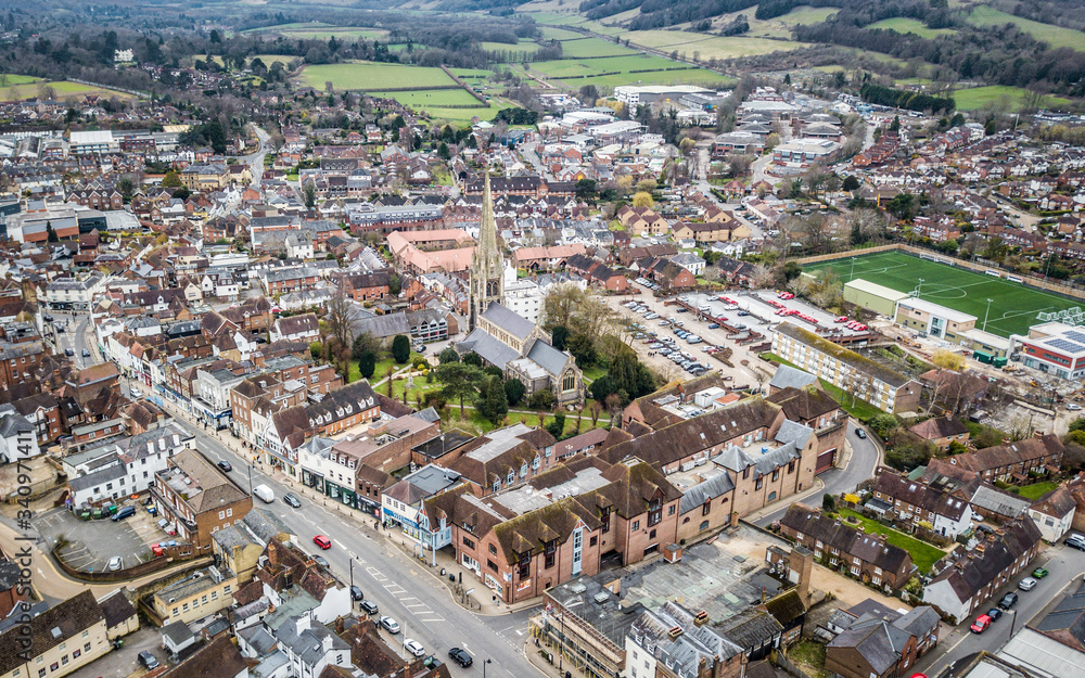 Aerial view of attractive market town in the Surry Hills, southern England 