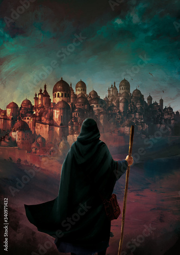 Foto illustration fantasy mage avec bâton et capuche de dos devant ville du désert